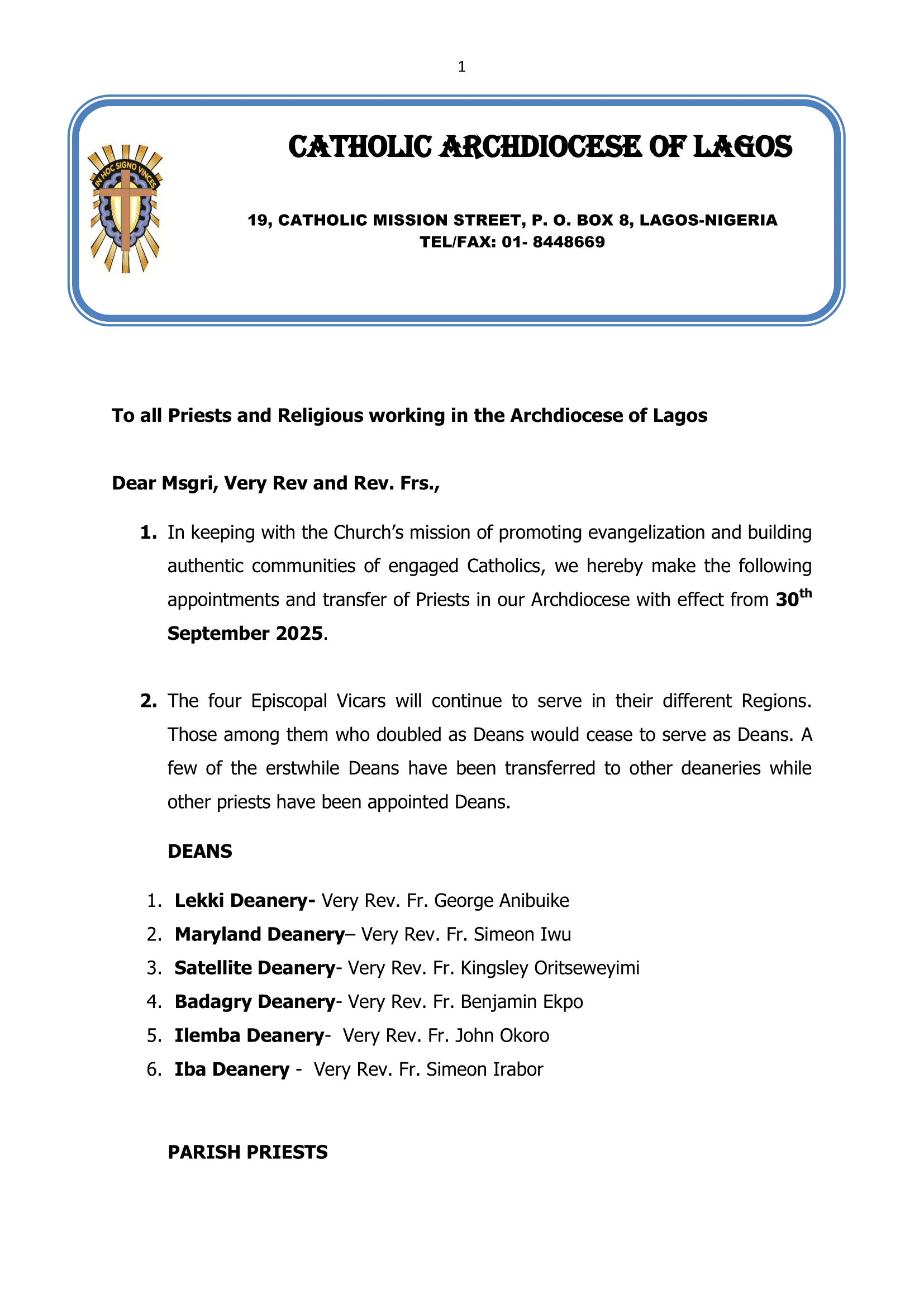LAGOS ARCHDIOCESAN PRIESTS' TRANSFER AUGUST 2025-1