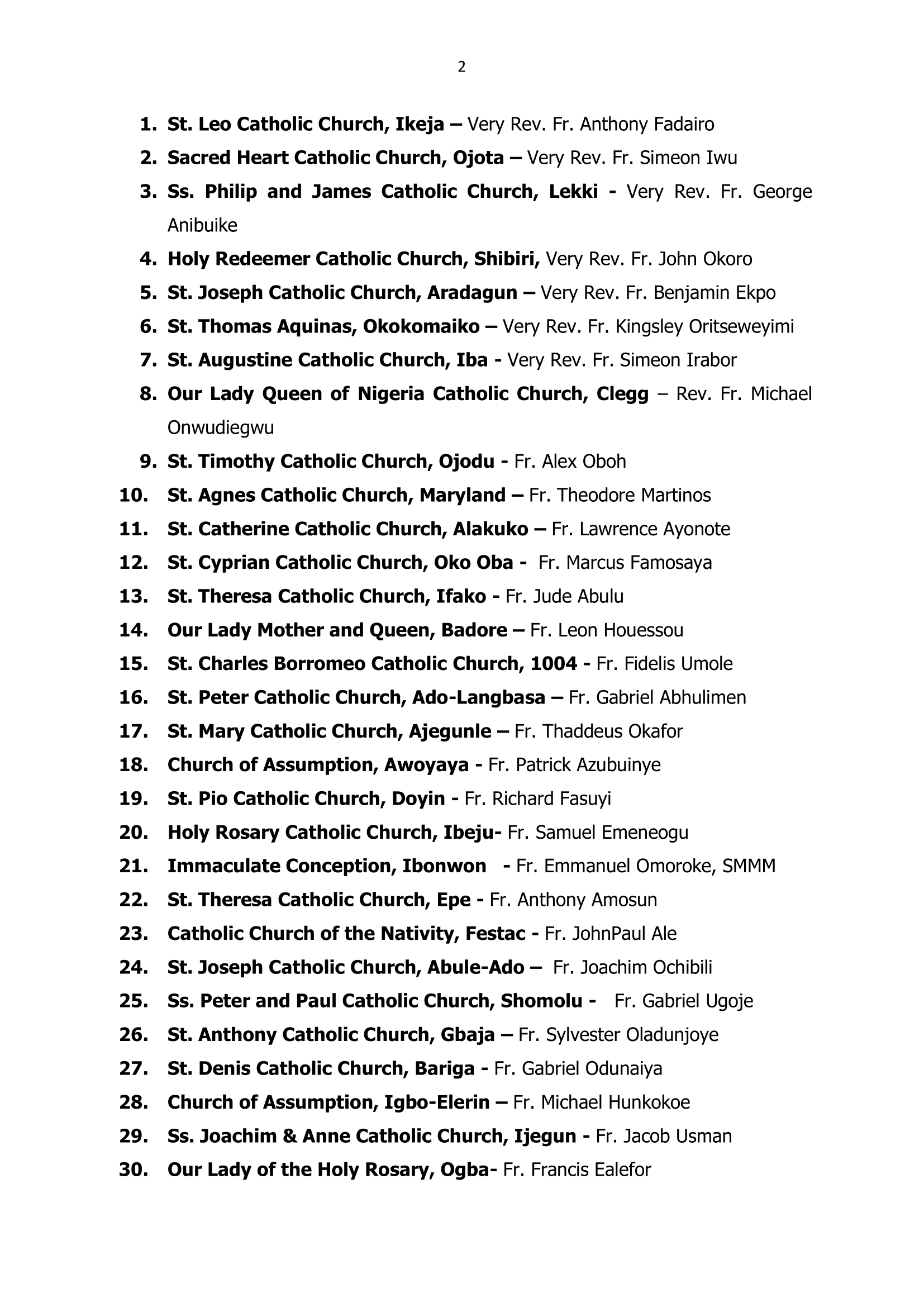LAGOS ARCHDIOCESAN PRIESTS' TRANSFER AUGUST 2025-2